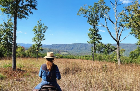 open meadow with woman on horse with mountains in the background